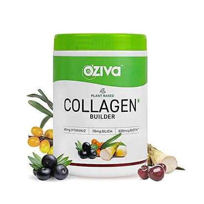 OZiva Plant Based Collagen Builder 250g & Biotin 10000 mcg with Sesbania Agati Extract for Stronger Hair & Healthier Skin 125g Combo Pack