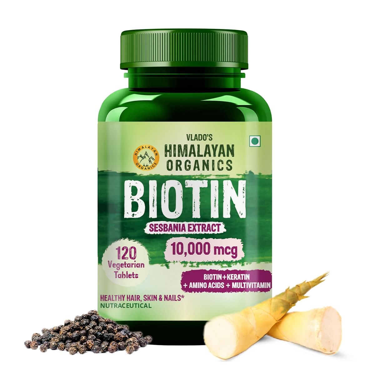 Vlados Himalayan Organics Biotin 10000 mcg Supplement with Keratin Amino Acids  Multivitamin - 120 Veg Tablets