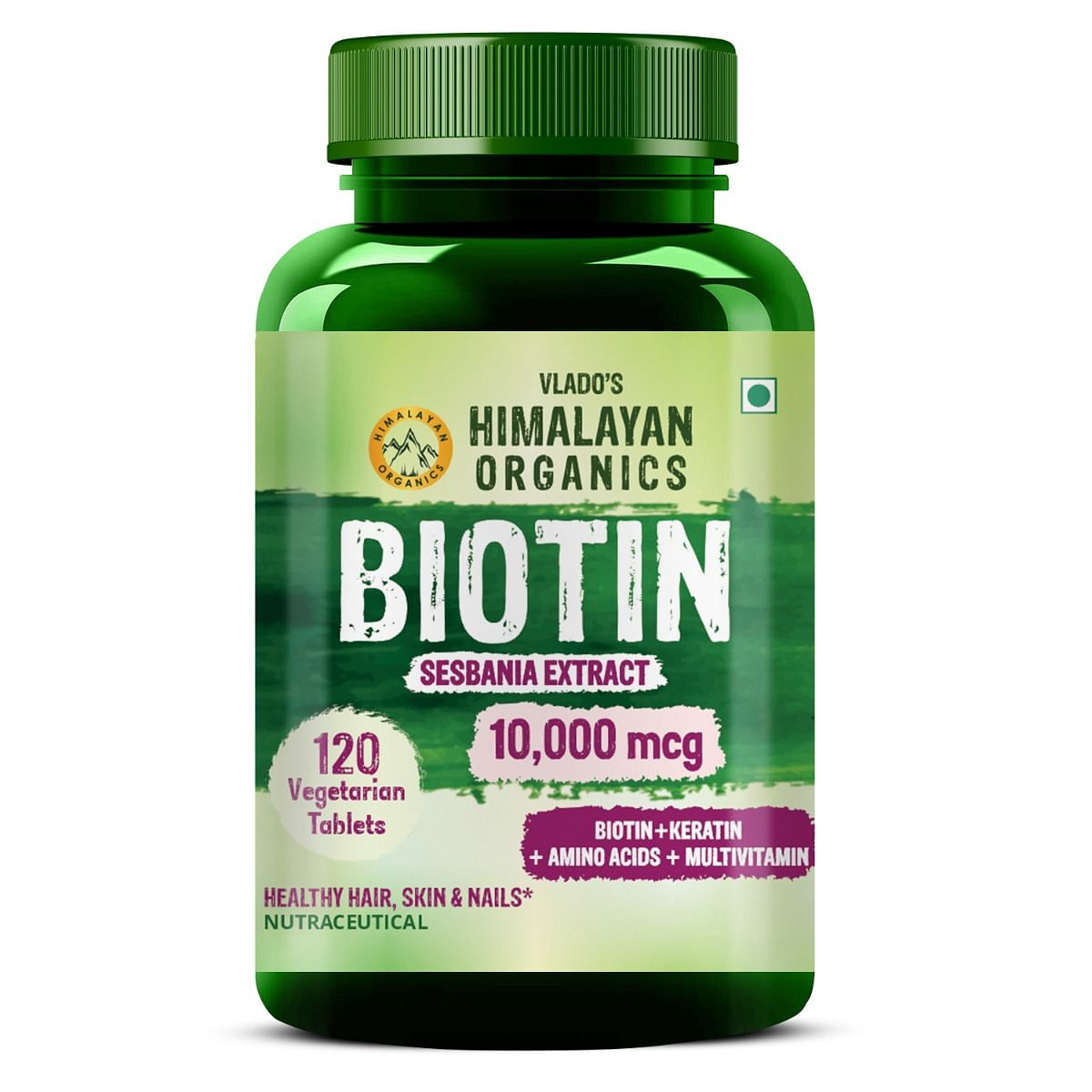 Vlados Himalayan Organics Biotin 10000 mcg Supplement with Keratin Amino Acids  Multivitamin - 120 Veg Tablets