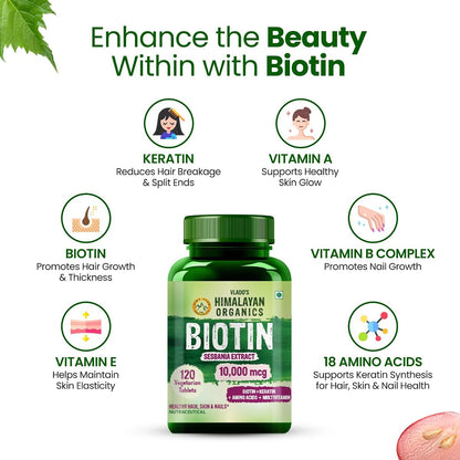 Vlados Himalayan Organics Biotin 10000 mcg Supplement with Keratin Amino Acids  Multivitamin - 120 Veg Tablets