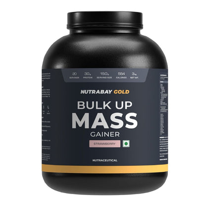 Nutrabay Gold Bulk Up Mass Gainer: 30g Protein, Digestive Enzymes, Vitamins & Minerals, 3kg Strawberry.