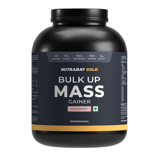 Nutrabay Gold Bulk Up Mass Gainer Carbs to Protein Blend 31 30g Protein with Digestive Enzymes Vitamins  Minerals Weight Gain Supplement  - 3kg Strawberry