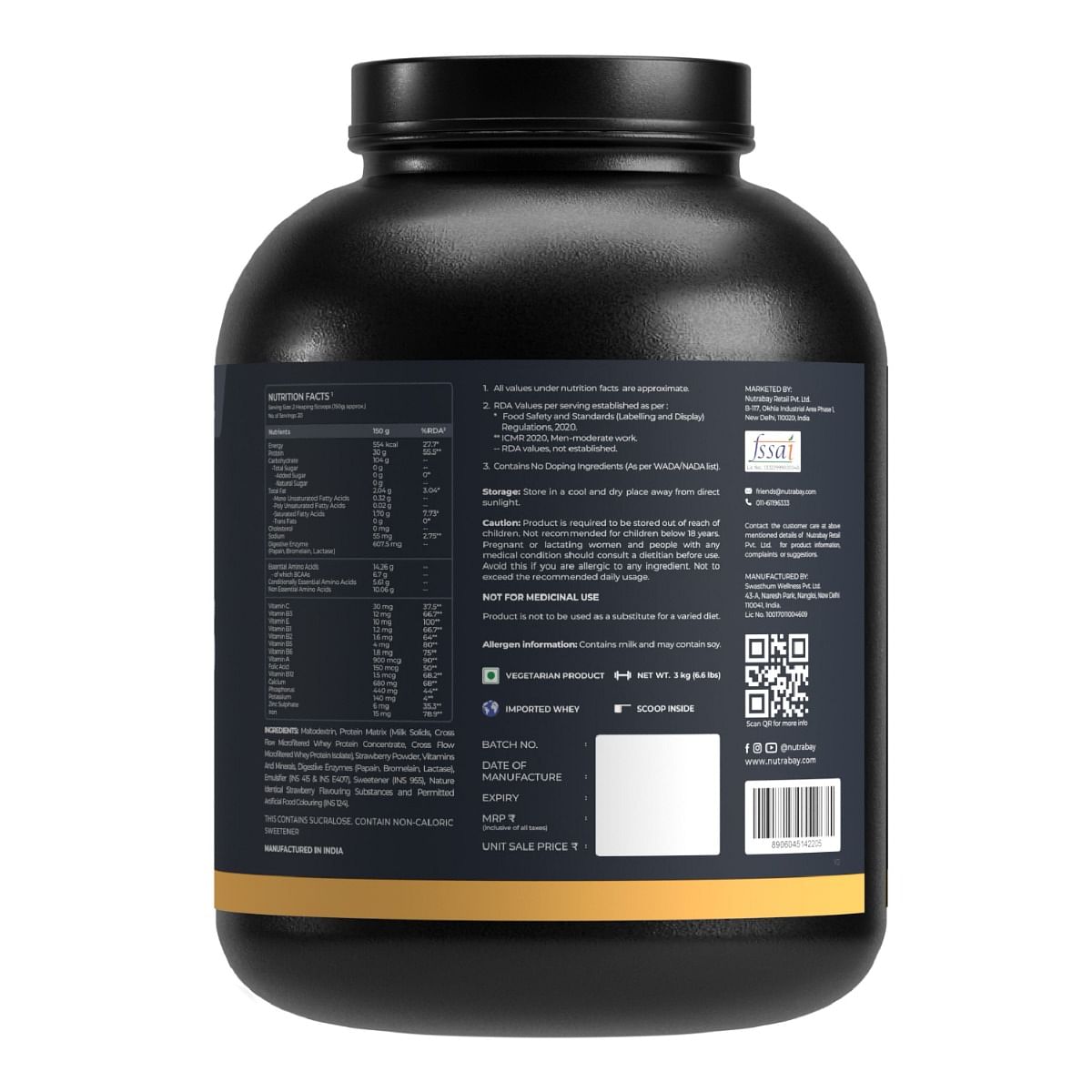 Nutrabay Gold Bulk Up Mass Gainer: 30g Protein, Digestive Enzymes, Vitamins & Minerals, 3kg Strawberry.