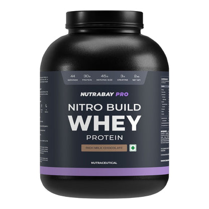 Nutrabay Pro Nitro Build Whey Protein: 30g Protein, 3g Creatine, 6.4g BCAA, Muscle Growth, Recovery, Gym Supplement, 2Kg Rich Milk Chocolate.