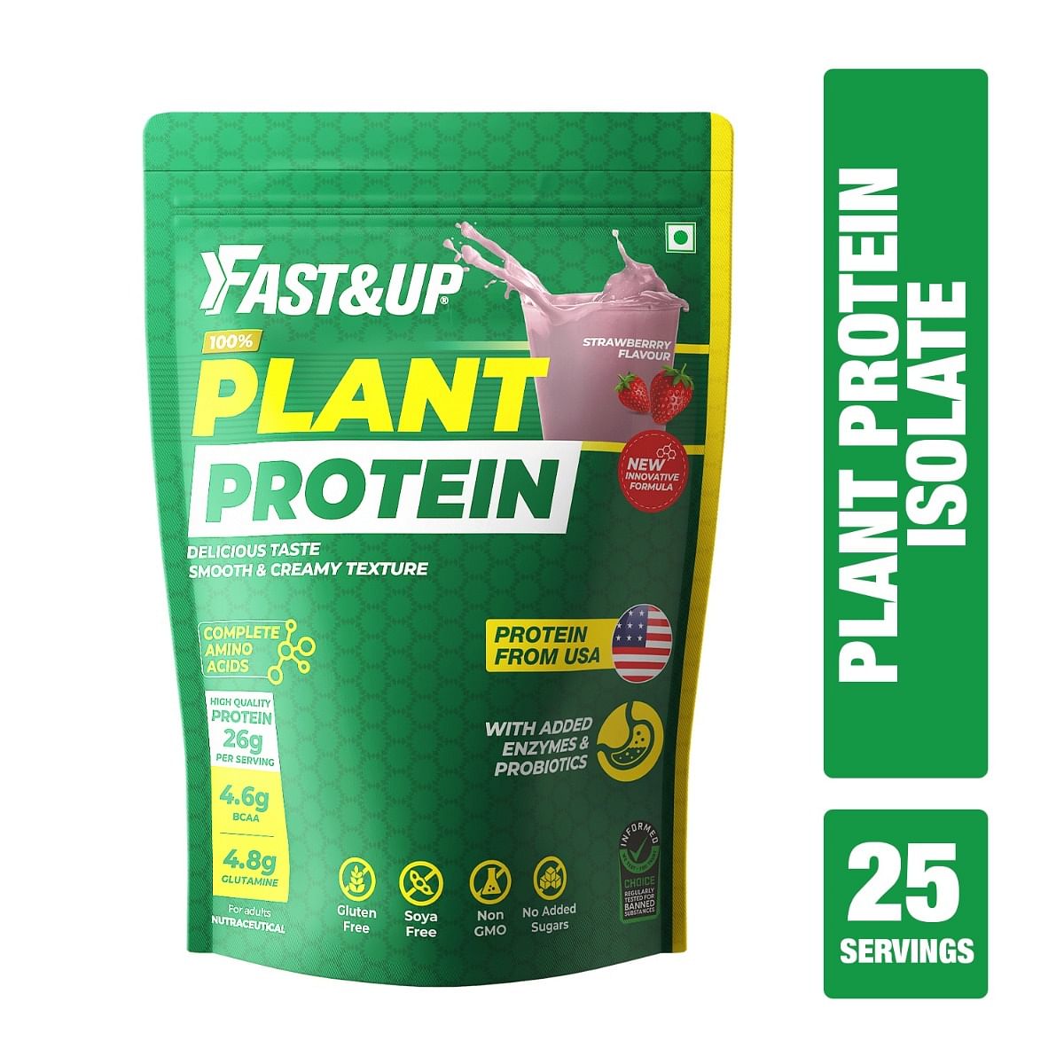 Fast Up Vegan Plant Protein 31g, Pea & Brown Rice blend, Strength, Recovery, Energy, 1.32kg, Strawberry Splash.