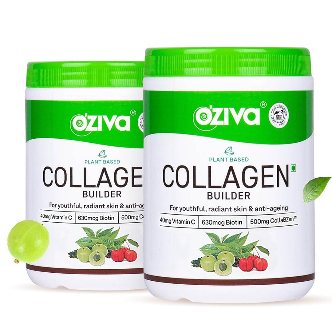 OZiva Plant Based Collagen Builder for Glowing Skin, Biotin, Silica, Vitamin C, 500g Pack (2x250g)