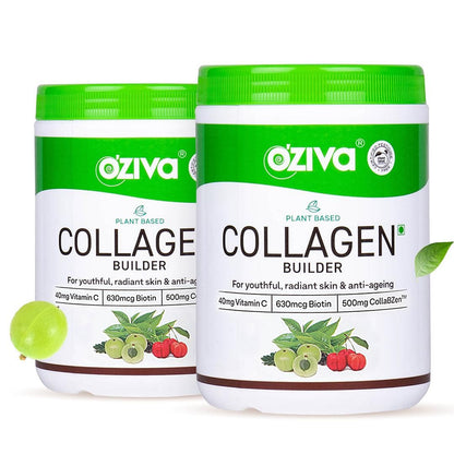 OZiva Plant Based Collagen Builder for Glowing Skin, Biotin, Silica, Vitamin C, 500g Pack (2x250g)