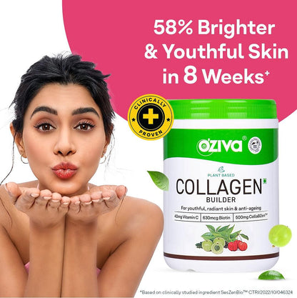 OZiva Plant Based Collagen Builder for Glowing Skin, Biotin, Silica, Vitamin C, 500g Pack (2x250g)