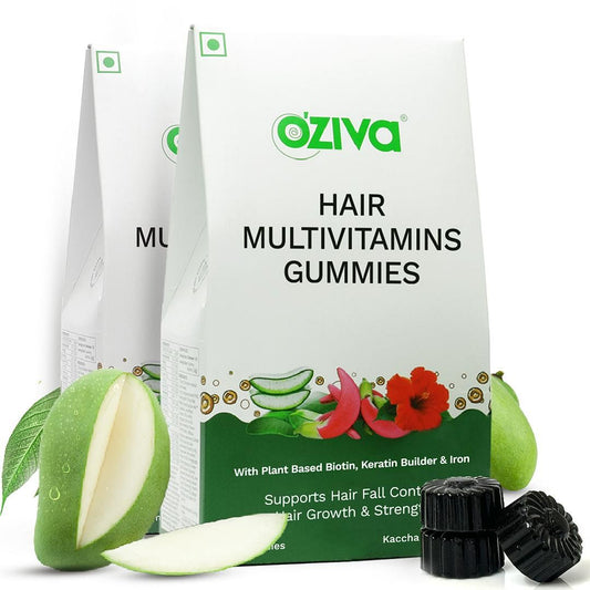 OZiva Biotin Hair Multivitamins Gummies for Stronger Fuller Shinier Hair  Hair Gummies with Keratin Builder Iron  Vitamins B9 B6  D  Raw Mango Flavour  No Added Sugar Pack of 2 60