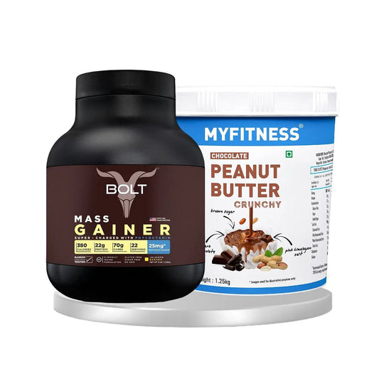 Bolt mass gainer protein 5 lb 2.268kg jalgaon banana  Myfitness chocolate peanut butter crunchy 1250g  combo pack of 2