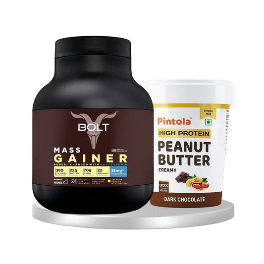 Bolt mass gainer protein 5 lb 2.268kg jalgaon banana   Pintola high protein peanut butter dark chocolate creamy 1kg  combo pack of 2