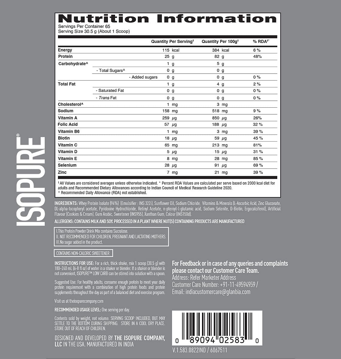 Isopure 100 Whey Isolate Protein Cookies  Cream With Vitamins for Immune support Lactose  Gluten-Free Vegetarian protein for Men  Women