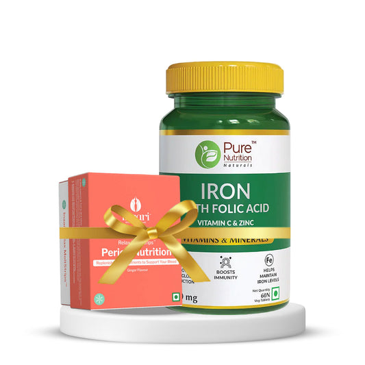 Pure Nutrition Iron60Tab, Inaari Relax Period Nutrition MeltStrips, anti-inflammatory, reduces cramping, natural, free travel pouch, 30 meltstrips.