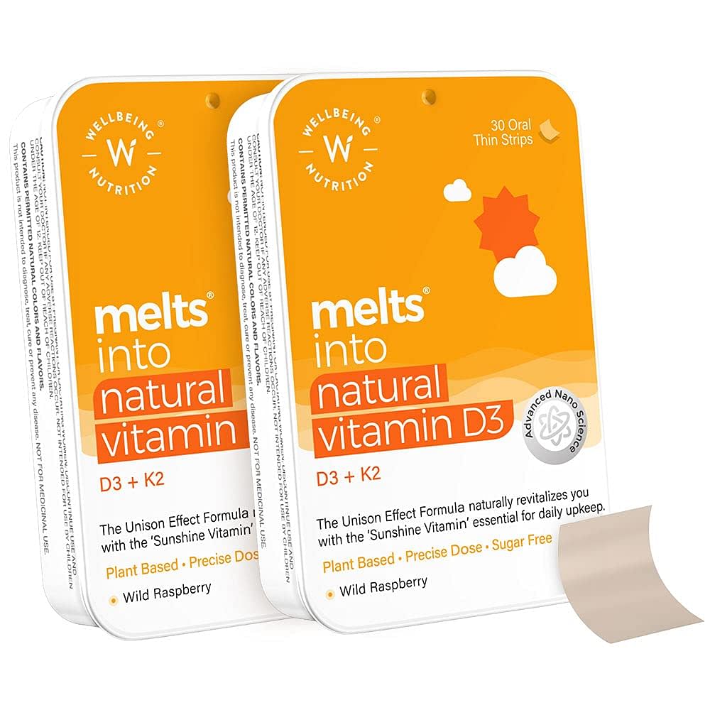 Wellbeing Nutrition Melts Vitamin D3 K2 MK-7 with Coconut Oil, Astaxanthin, Vegan Immunity, Heart, Muscle, Bone Protection, 30 Oral Strips, Pack of 2
