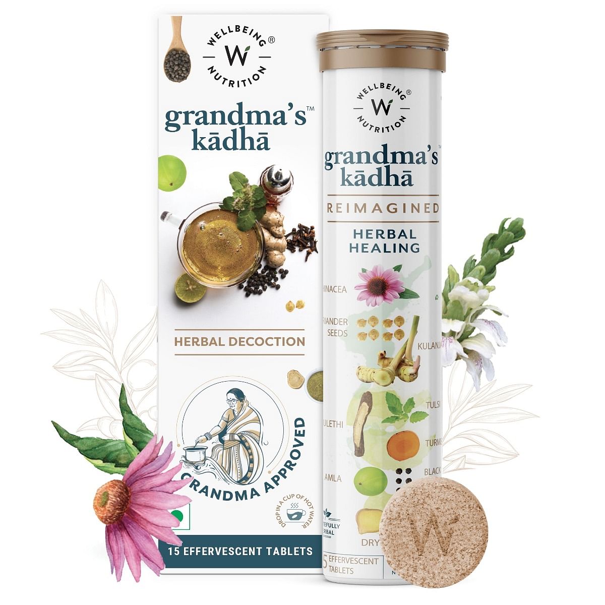Wellbeing Nutrition Grandma's Kadha - Ayurvedic Immunity Booster for Cold, Cough, Sore Throat, 15 Effervescent Tablets