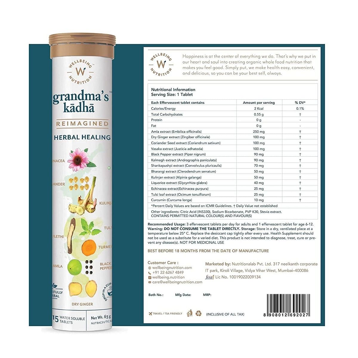 Wellbeing Nutrition Grandma's Kadha - Ayurvedic Immunity Booster for Cold, Cough, Sore Throat, 15 Effervescent Tablets
