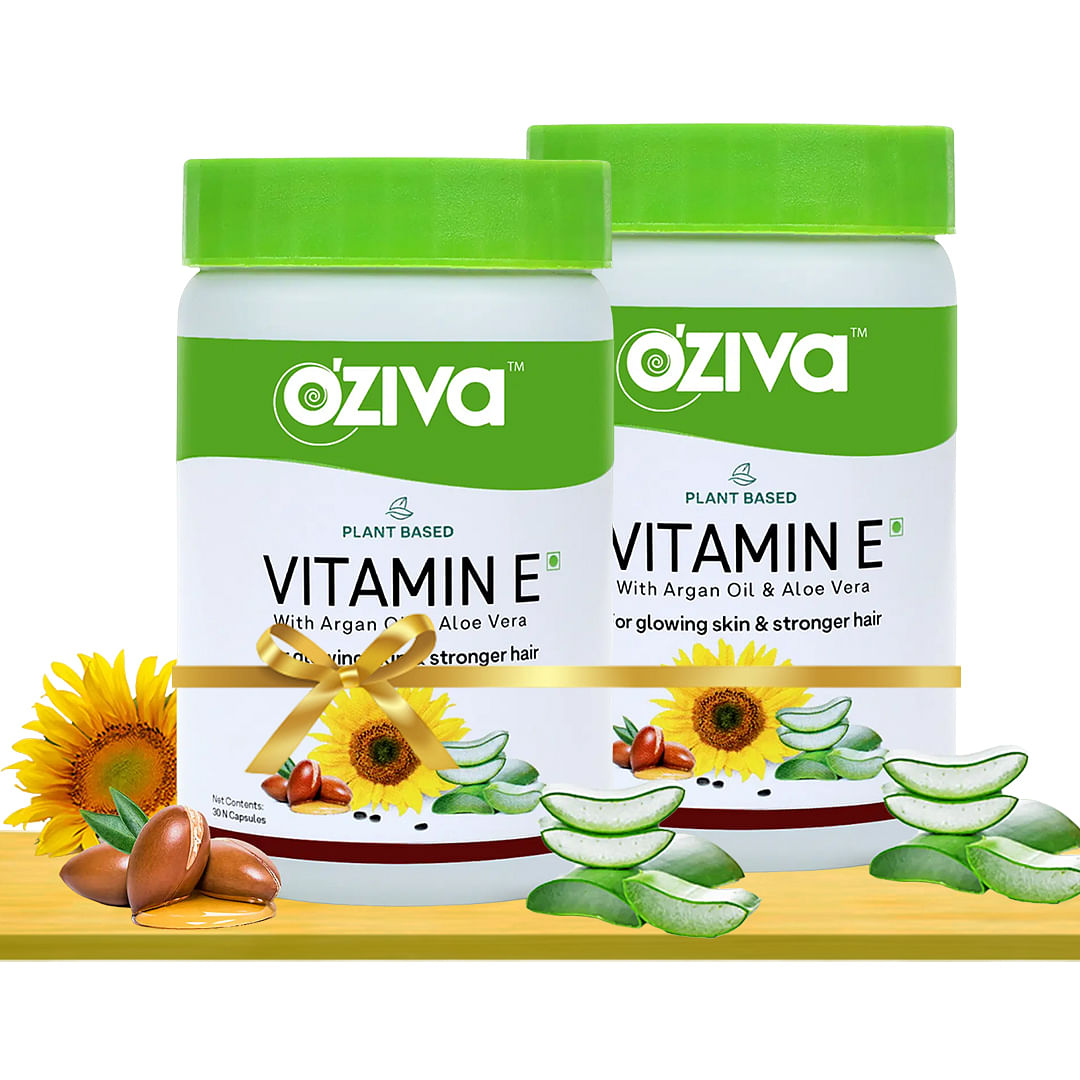 Oziva Plant-Based Vitamin E Capsules for Face & Hair with Sunflower, Aloe Vera, Argan Oil. Vegan, Natural. 30 Capsules-Pack of 2.