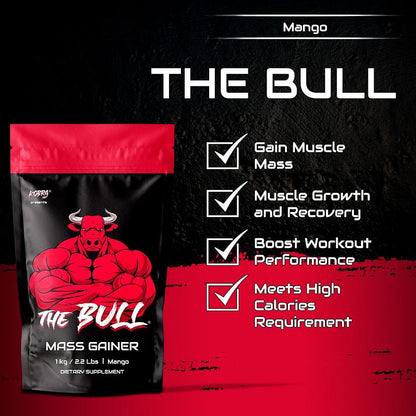 Kobra Labs The Bull Mass Gainer with 23 Vitamins  Minerals High Protein and Calories 1kg Mango