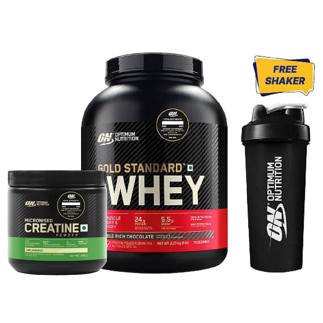 Optimum Nutrition Gold Standard Whey Protein 2.27 kg - Double Rich Chocolate & Micronized Creatine Powder 250g Unflavored with Free Shaker