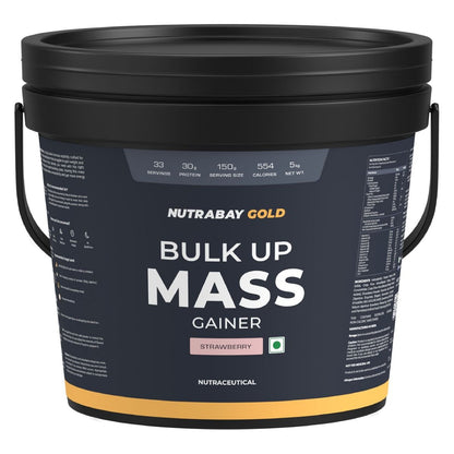 Nutrabay Gold Bulk Up Mass Gainer Carbs to Protein Blend 31 30g Protein with Digestive Enzymes Vitamins  Minerals Weight Gain Supplement  - 5kg Strawberry