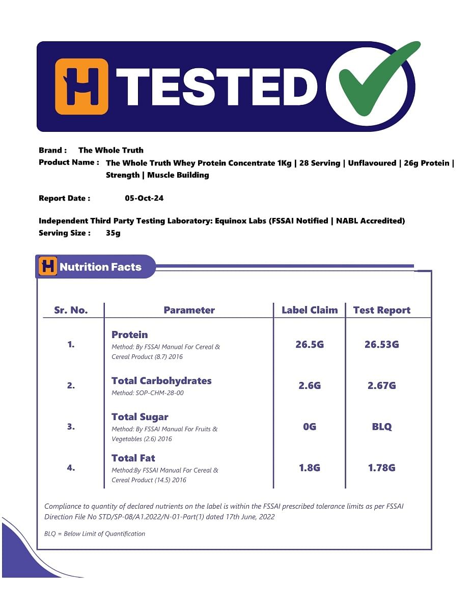 The Whole Truth Whey Protein Concentrate 1Kg  28 Serving  Unflavoured  26g Protein  Strength  Muscle Building