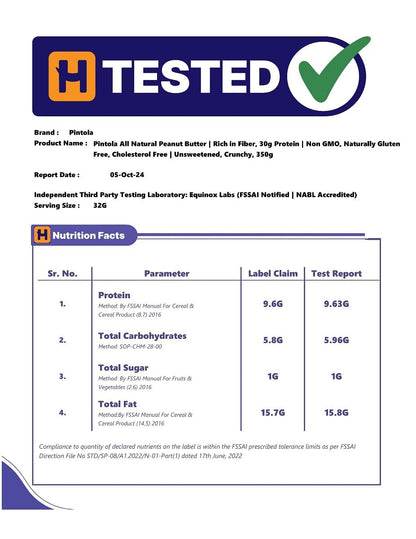 Pintola All Natural Peanut Butter  Rich in Fiber 30g Protein  Non GMO Naturally Gluten Free Cholesterol Free  Unsweetened Crunchy 350g