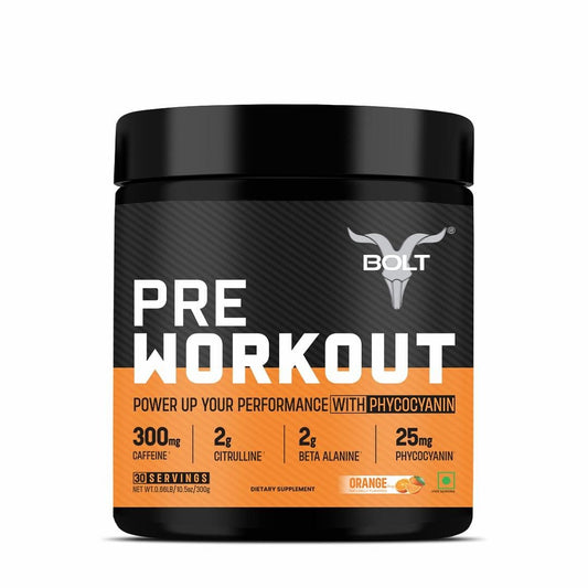 Bolt Nutrition Pre Workout: Caffeine, Citrulline, B-Alanine, Taurine. Explosive Energy, Pump, Focus. 300g, 30 Servings, Orange Tangy.