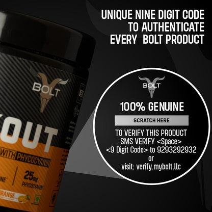 Bolt Nutrition Pre Workout: Caffeine, Citrulline, B-Alanine, Taurine. Explosive Energy, Pump, Focus. 300g, 30 Servings, Orange Tangy.