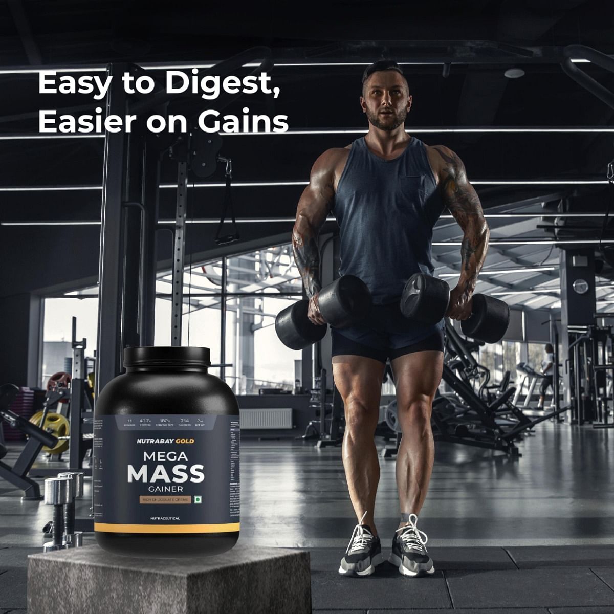 NUTRABAY Gold Mega Mass Gainer Protein Powder 2Kg - 40g Protein, 714 Calories, 7.8g BCAAs, Easy Digesting for Men & Women.