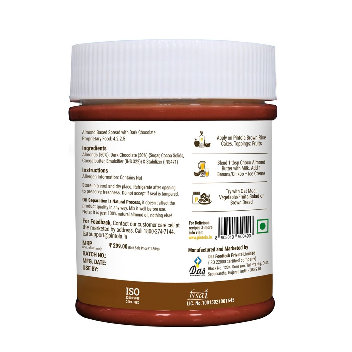 Pintola Almond Butter Dark Chocolate Spread, 200g, Crunchy, Rich in Fiber & Protein, Non-GMO, Gluten-Free, Cholesterol-Free.