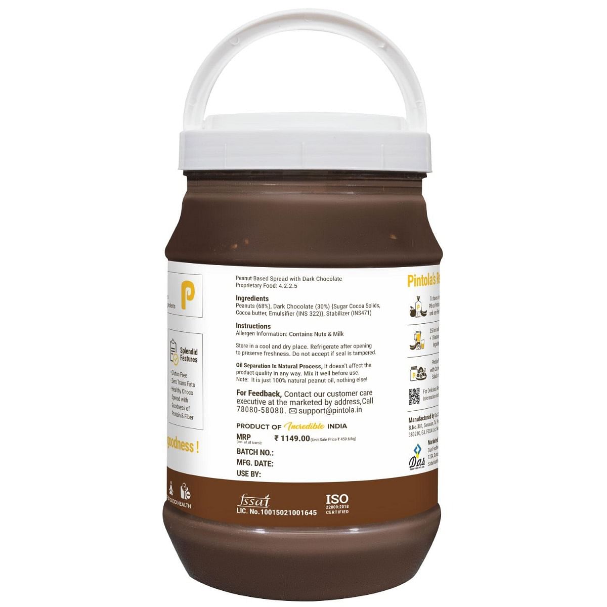 Pintola Choco Spread Peanut Butter: Premium peanuts, rich dark chocolate, Non-GMO, Gluten-Free, Zero Cholesterol, Creamy.