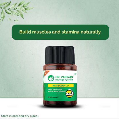Dr. Vaidyas new age ayurveda Herbobuild Pack of 1  30 capsules  Ayurvedic Muscle  Mass Gainer Capsules  Muscle Protein Synthesis  Lean Mass Gainer  Improved Stamina  Strength