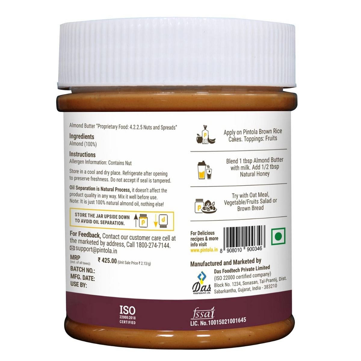 Pintola All Natural Almond Butter Made With Premium Almonds Only  Rich In Protein Naturally Gluten-Free Zero Added Sugar Unsweetened Creamy