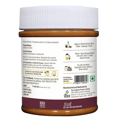 Pintola All Natural Almond Butter Made With Premium Almonds Only  Rich In Protein Naturally Gluten-Free Zero Added Sugar Unsweetened Creamy 200g