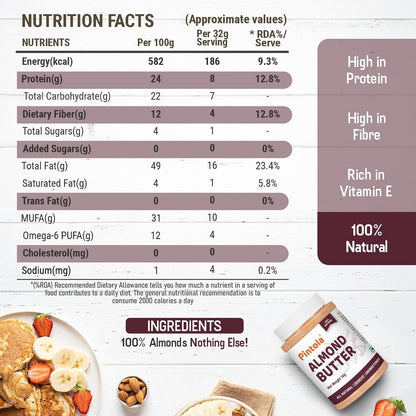 Pintola All Natural Almond Butter Made With Premium Almonds Only  Rich In Protein Naturally Gluten-Free Zero Added Sugar Unsweetened Creamy 200g