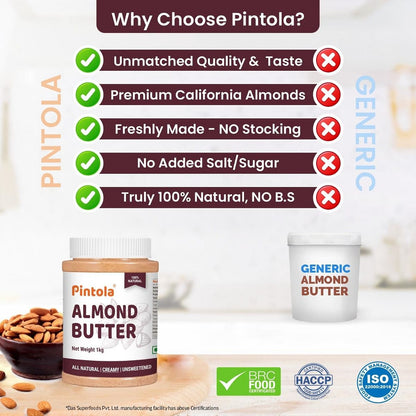 Pintola All Natural Almond Butter Made With Premium Almonds Only  Rich In Protein Naturally Gluten-Free Zero Added Sugar Unsweetened Creamy 200g