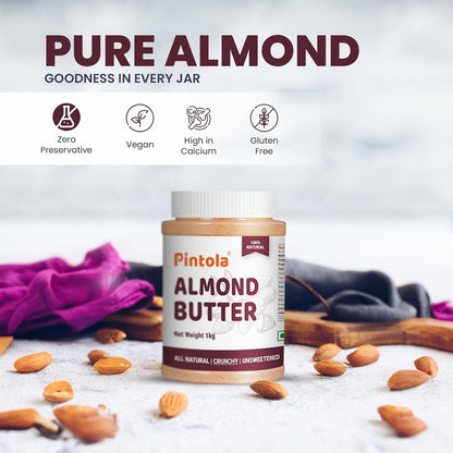 Pintola All Natural Almond Butter Made With Premium Almonds Only  Rich In Protein Naturally Gluten-Free Zero Added Sugar Unsweetened Creamy 200g