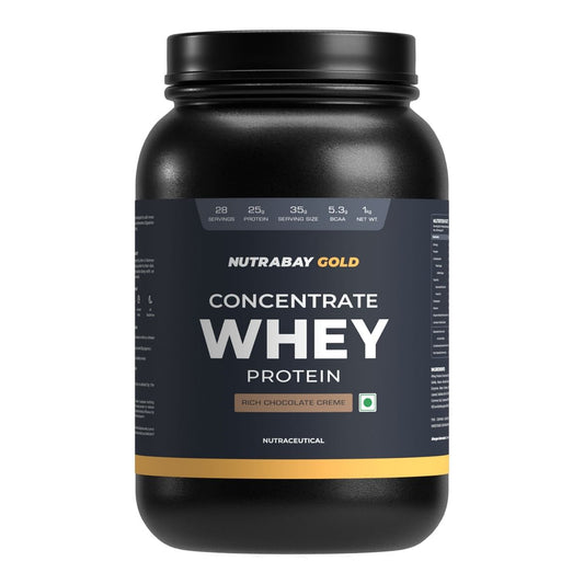 Nutrabay Gold Whey Protein Concentrate 1Kg  28 Serving  25g Protein  Rich Chocolate Creme Flavour  Build Muscle  Fast Recovery