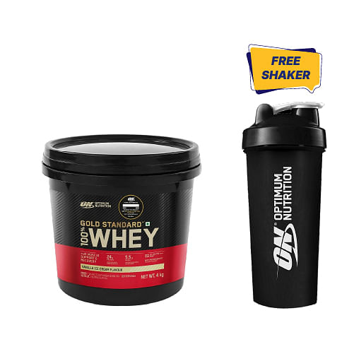 Optimum Nutrition Gold Standard Whey Protein 4Kg Vanilla for Muscle Support & Recovery, Whey Isolate, Vegetarian, Free Shaker