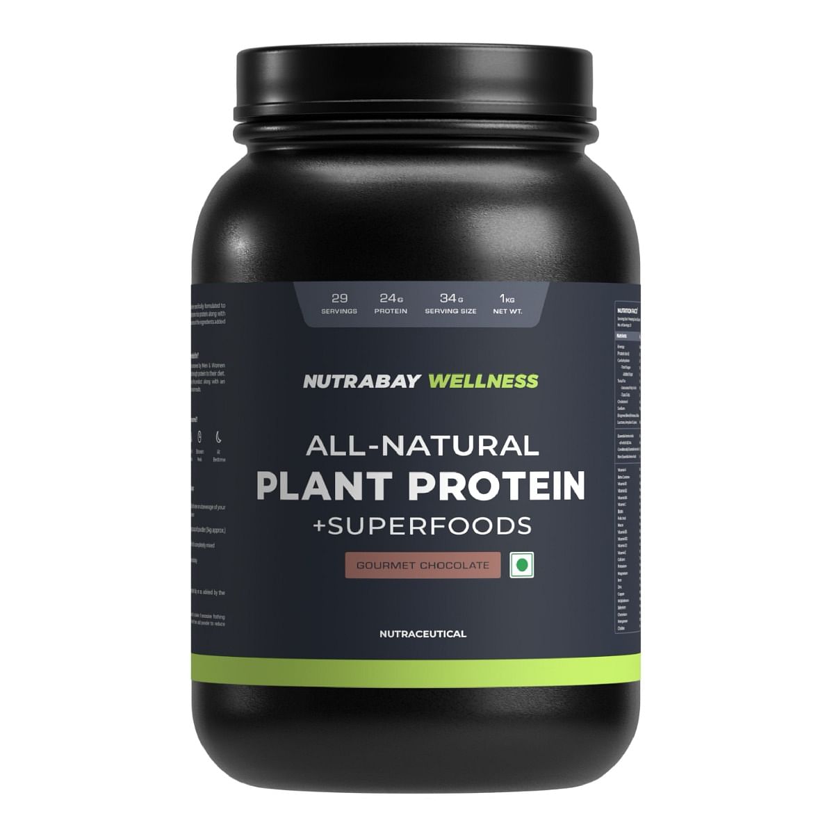 Nutrabay Wellness Plant Protein: 24g protein, pea & brown rice, stevia, digestive enzymes, 1kg gourmet chocolate.