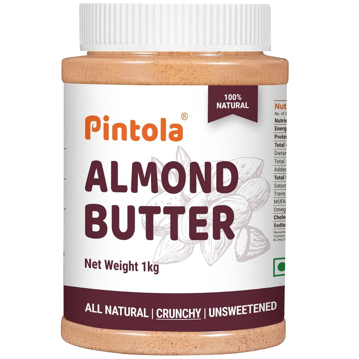 Pintola All Natural Almond Butter Made With Premium Almonds Only  Rich In Protein Naturally Gluten-Free Zero Added Sugar Unsweetened Crunchy 1kg