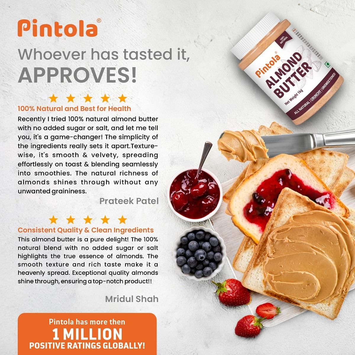 Pintola All Natural Almond Butter Made With Premium Almonds Only  Rich In Protein Naturally Gluten-Free Zero Added Sugar Unsweetened Crunchy 1kg