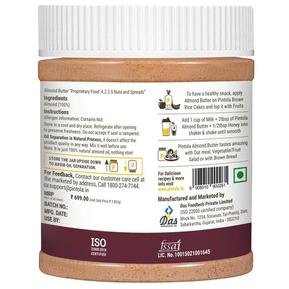 Pintola All Natural Almond Butter Made With Premium Almonds Only  Rich In Protein Naturally Gluten-Free Zero Added Sugar Unsweetened Creamy