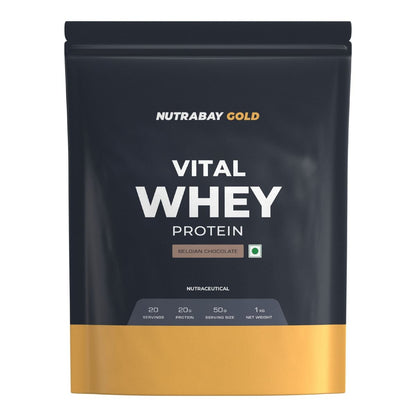 Nutrabay Gold Vital Whey Protein 1Kg  20 Serving  20g Protein  Belgian Chocolate Flavour  Greater Strength  Build Muscle