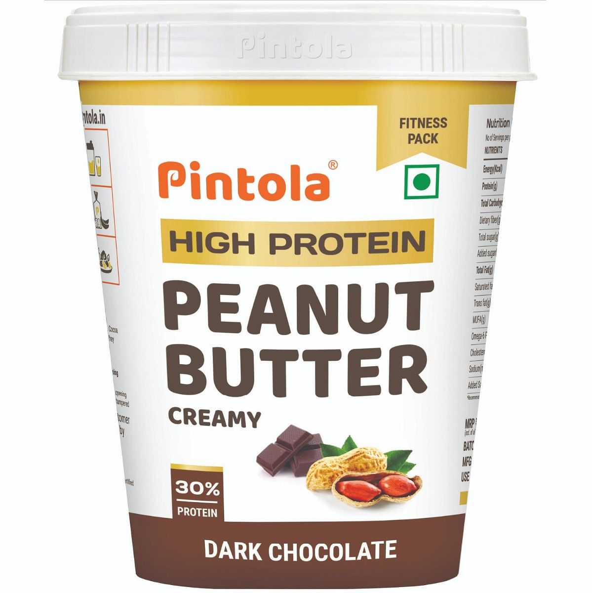 Pintola HIGH Protein Peanut Butter Dark Chocolate  30 Protein  High Fibre  NO Salt  Non GMO Naturally Gluten Free Zero Cholesterol  Creamy 510g