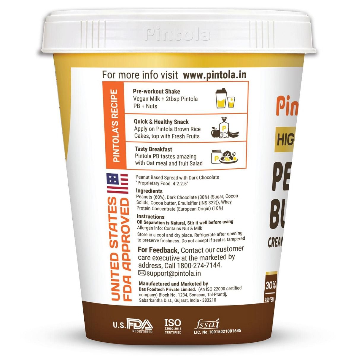 Pintola HIGH Protein Peanut Butter Dark Chocolate  30 Protein  High Fibre  NO Salt  Non GMO Naturally Gluten Free Zero Cholesterol  Creamy 510g