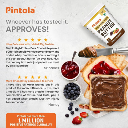 Pintola HIGH Protein Peanut Butter Dark Chocolate  30 Protein  High Fibre  NO Salt  Non GMO Naturally Gluten Free Zero Cholesterol  Creamy 510g