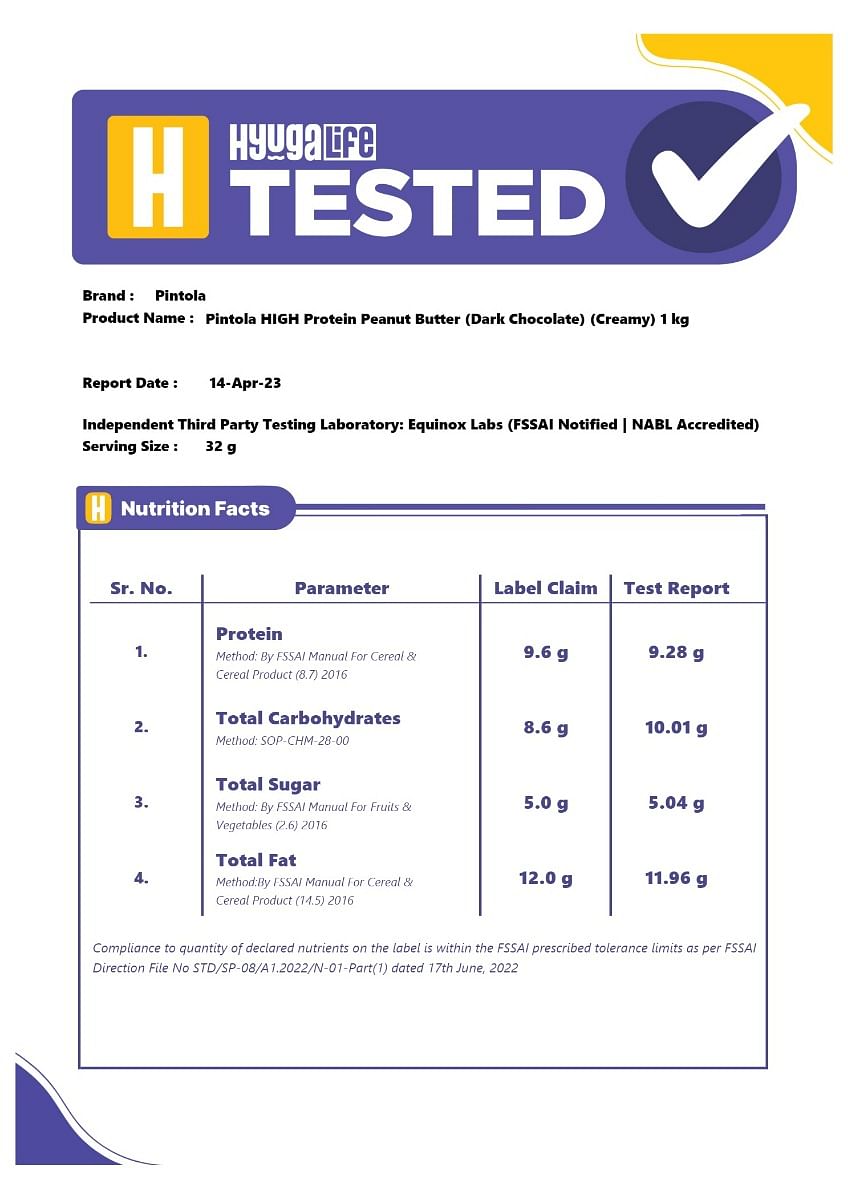 Pintola HIGH Protein Peanut Butter Dark Chocolate  30 Protein  High Fibre  NO Salt  Non GMO Naturally Gluten Free Zero Cholesterol  Creamy 510g