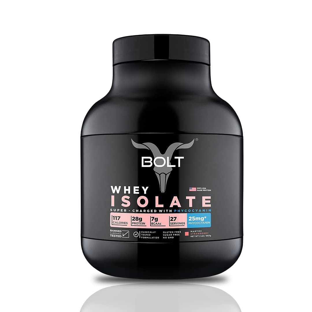 BOLT 100 Whey Isolate Protein Powder, 28g Protein, Superfood Phycocyanin, Muscle Strength, Bone Health, 2LB, 27 Servings, Piedmont Chocolate.