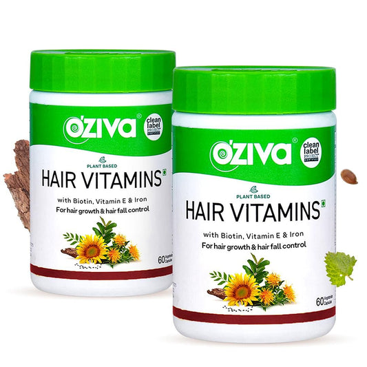 OZiva Hair Vitamins Capsules for Hair Growth with Biotin, Iron, DHT Blocker, Vitamin E. Clinically Proven. 2 Months Pack.